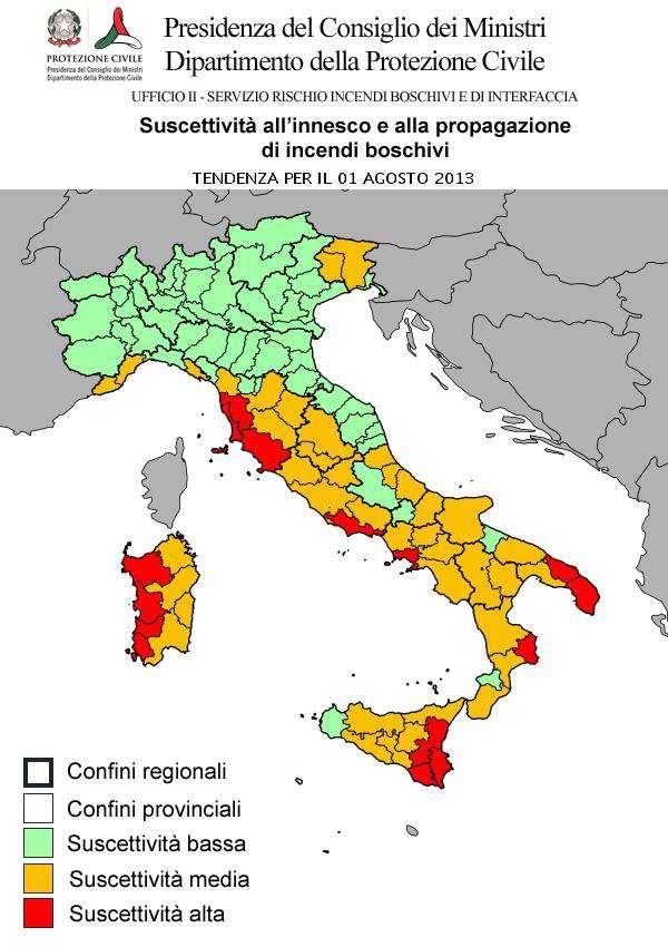 CONDIZIONI DI SUSCETTIVITA' ALL'INNESCO E ALLA PROPAGAZIONE DI INCENDI BOSCHIVI PREVISTE PER IL 01 AGOSTO 2013 BASSA MEDIA ALTA VALLE D'AOSTA PIEMONTE LOMBARDIA TRENTINO A. A. VENETO FRIULI V.