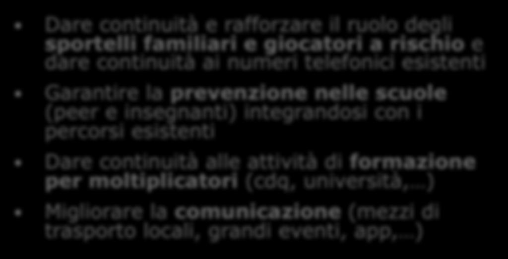 prevenzione nelle scuole (peer e insegnanti) integrandosi con i percorsi esistenti Dare continuità alle attività