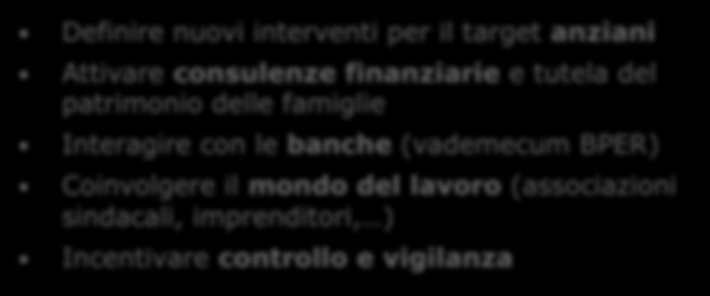 I PROGETTI DI PREVENZIONE BISOGNI EMERSI E IPOTESI DI SVILUPPO Definire nuovi interventi per il target anziani Attivare consulenze finanziarie e tutela del patrimonio