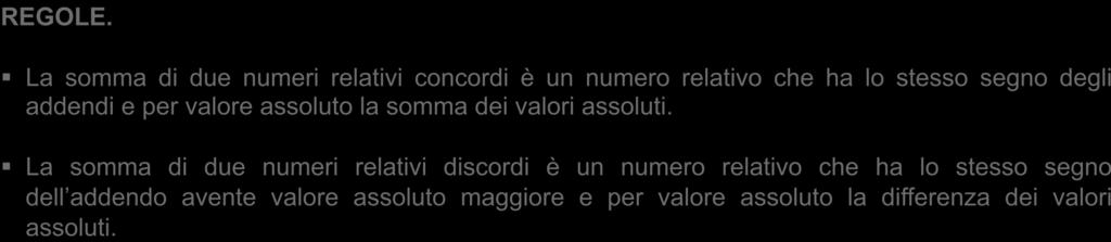 4 L addizione di numeri relativi REGOLE.! La somma di due numeri relativi concordi è un numero relativo che ha lo stesso segno degli addendi e per valore assoluto la somma dei valori assoluti.