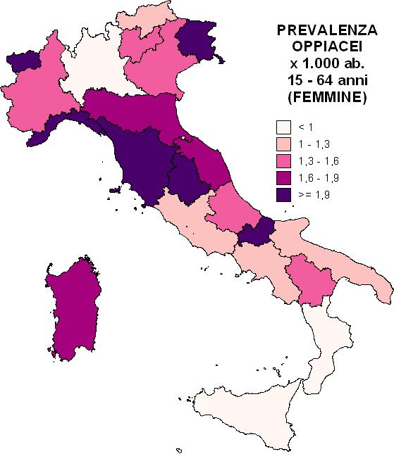legata al consumo di oppiacei, la distribuzione evidenzia differenze tra le regioni con una maggiore richiesta potenziale di assistenza in Liguria (3,5 persone ogni 1.