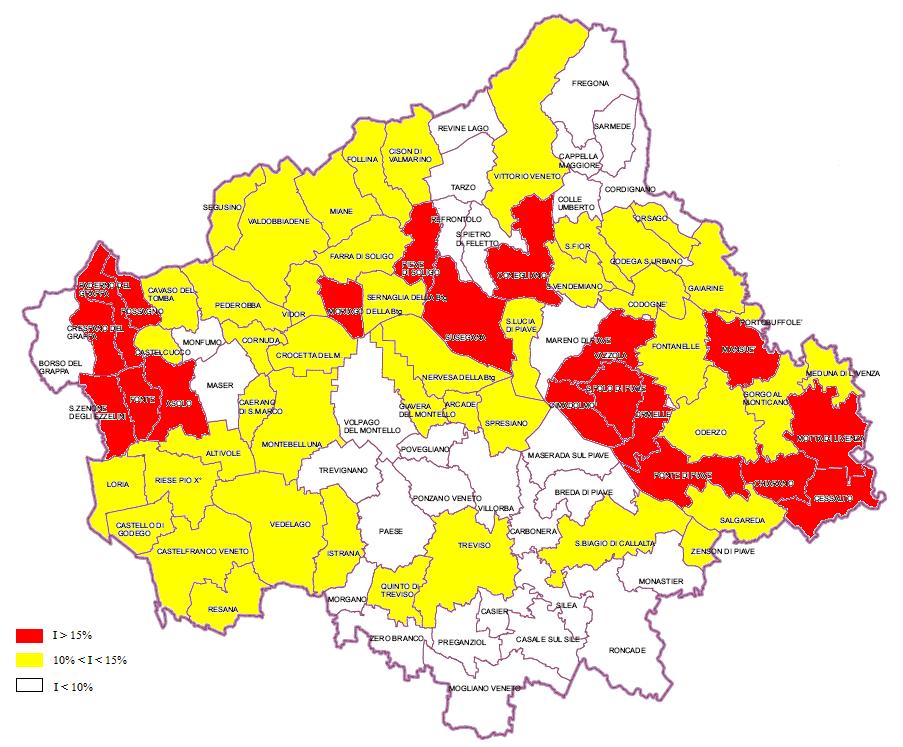 Tab. 8 - Provincia di Treviso. Primi 10 comuni per incidenza percentuale di cittadini stranieri residenti. Anno 2010.