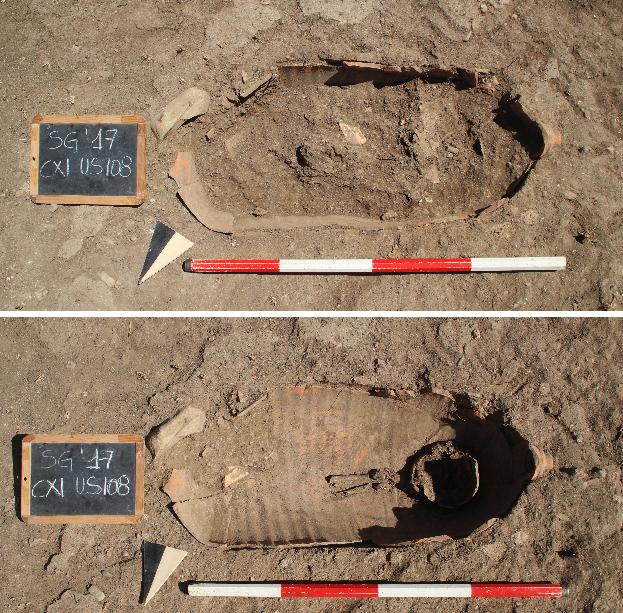 Lo scavo a Vada Volaterrana Il cimitero tardo-antico Una sepoltura in anfora per un bambino, scavata nel 2017.