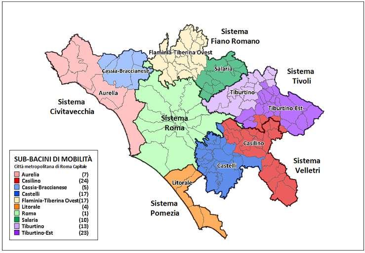 Fig. 10 I sub-bacini della mobilità della città metropolitana di Roma.