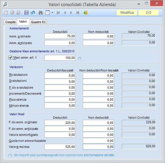 Per modificare il valore calcolato che verrà riportato nel modello dichiarativo e, con i prossimi rilasci riportato nella stampa del Libro Cespiti, occorre: accedere alla tabella azienda/valori