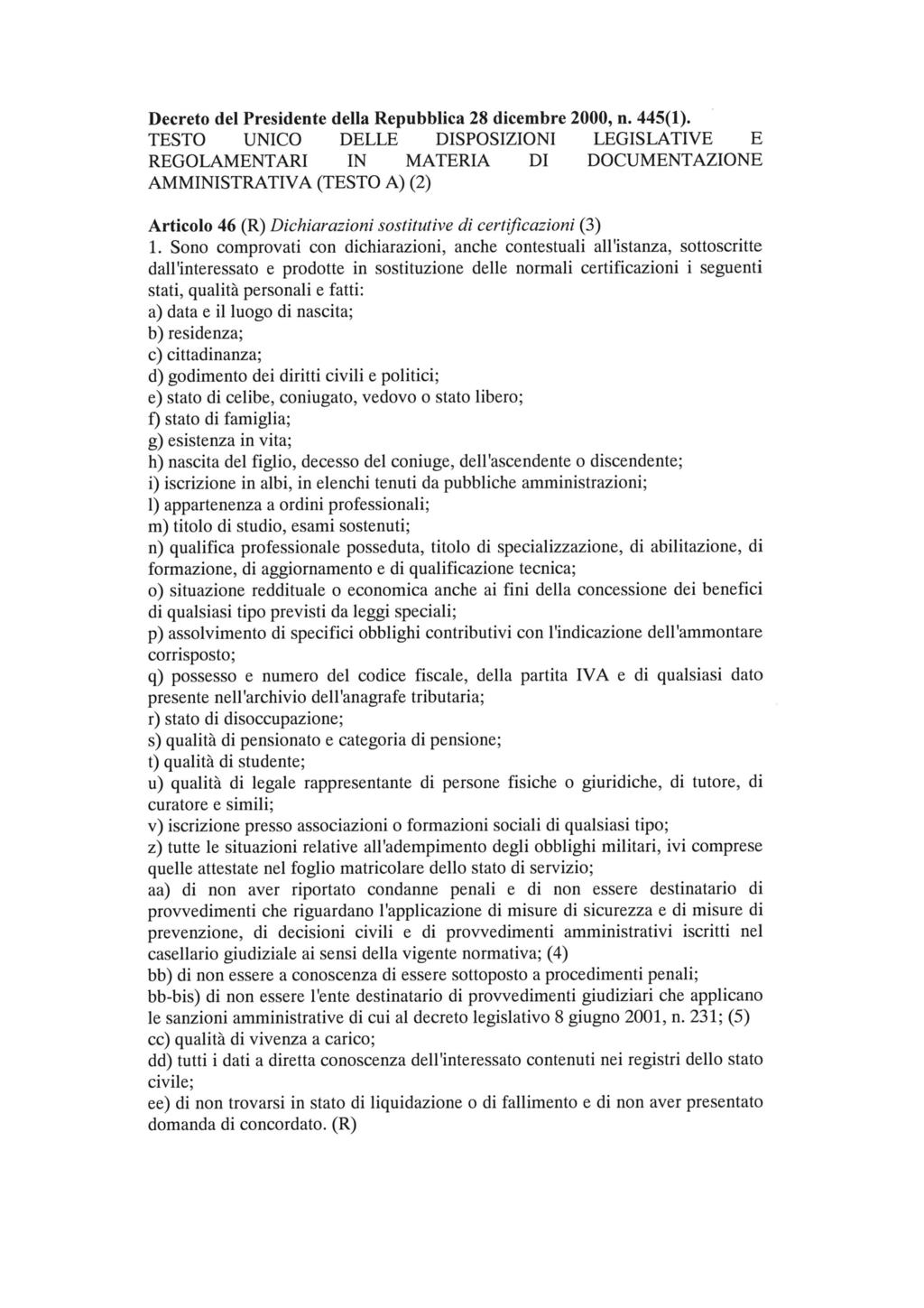 Decreto del Presidente della Repubblica 28 dicembre 2000, n. 445(1).