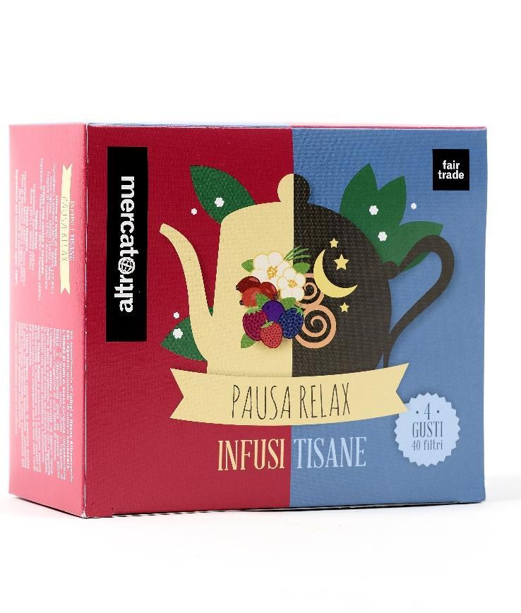 Pausa relax selezione di infusi e tisane Codice: 1056 Peso: 80 g 4 x 10 bustine Prezzo : 5,80 (IVA 10% incl.