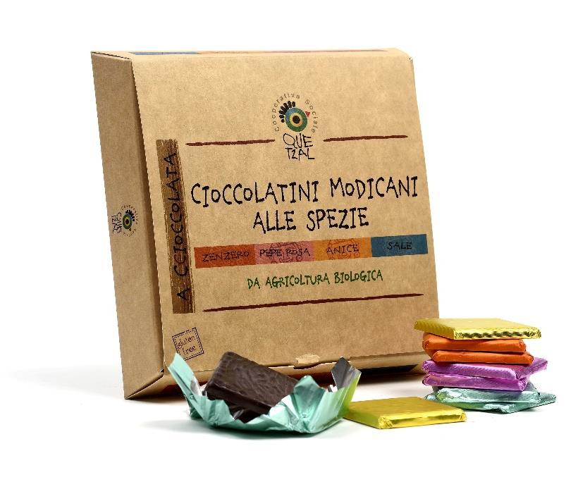 Cioccolatini modicani alle spezie - Bio in 4 gusti Codice: 583 Peso: 180 g Prezzo : 11,00 (IVA 10% inclusa) DALLA TRADIZIONE AZTECA AL CUORE DELLA SICILIA Questi cioccolatini, aromatizzati al sale,