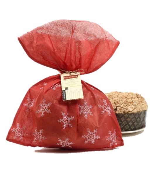 Panettone con gocce di cioccolato e uvetta, ricoperto con glassa di anacardi Codice: 401 Peso: 750 g Prezzo : 11,50 (IVA 10% inclusa) Il sacchetto sarà in due varianti di colore: rosso e verde LA