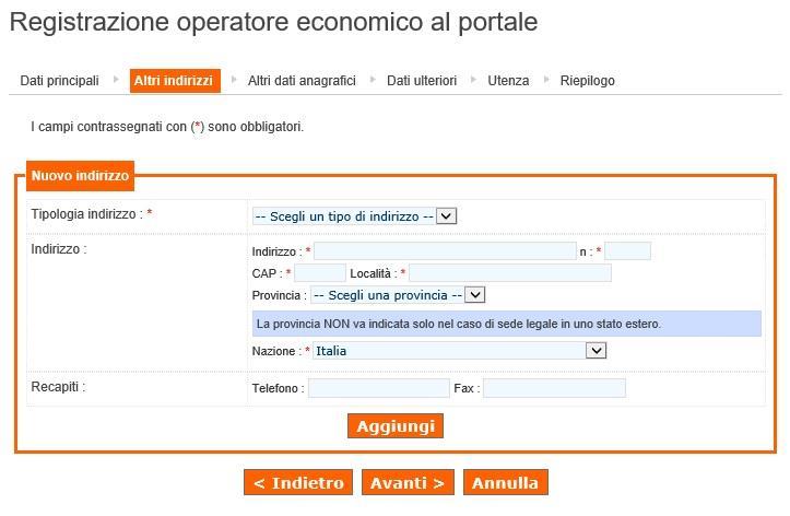 2.6.2. Scheda Altri Indirizzi. Inserire i dati relativi ad altri eventuali sedi o recapiti.