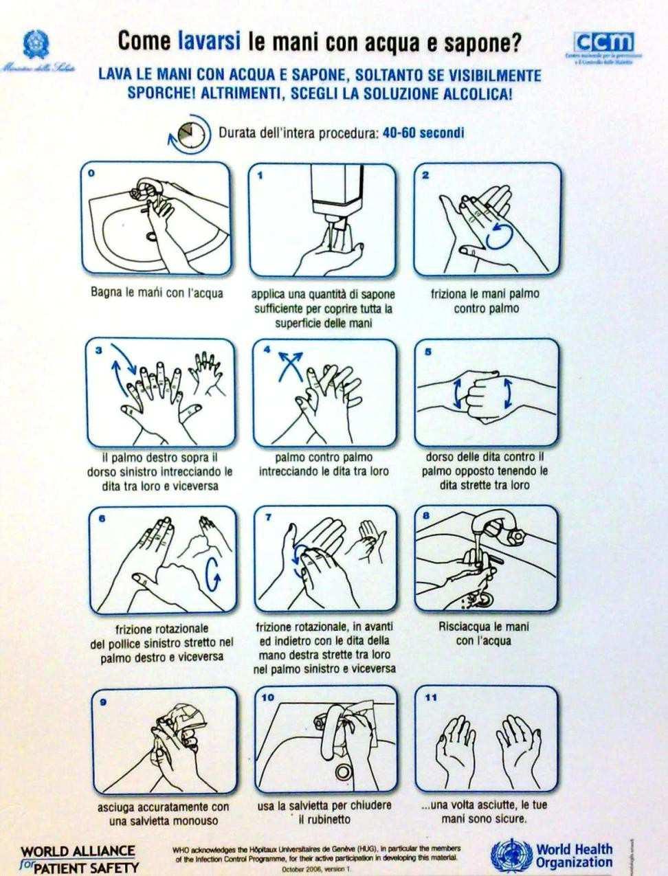 Come lavarsi le mani con acqua e sapone? 1. Bagna le mani con acqua 2. Applica una quantità di sapone per coprire tutta la superficie delle mani 3. Friziona le mani palmo contro palmo 4.