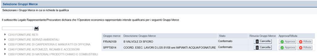 Compilazione Documento di Qualifica Aggiunta Gruppi Merce SELEZIONE GRUPPI MERCE Nel documento di