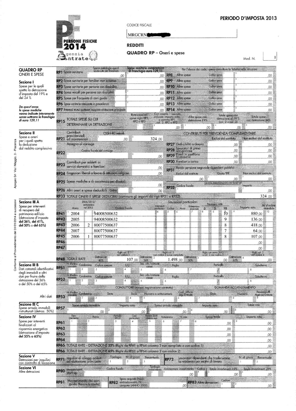 CODICE FISCALE IMRGCRNt a QUADRO RP - Oneri e spese PERIODO D'IMPOSTA 0 Md. N.