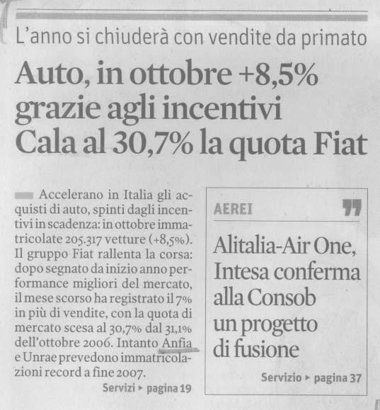 Il Sole 24 Ore Titolo: Auto, in ottobre +8,5% grazie agli incentivi Cala al 30,7%