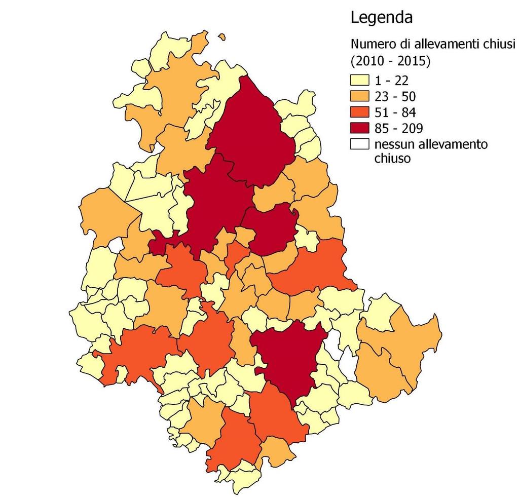 Figura 9: numero di allevamenti chiusi tra il 21 ed il 215 nei comuni dell Umbria Osservando le differenze nel periodo si può affermare che in quasi tutti i comuni umbri sono state maggiori le