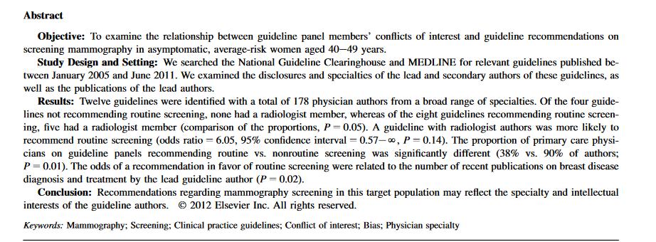 Conflitti di interesse professionali e accademici Le raccomandazioni sullo screening mammografico potrebbero