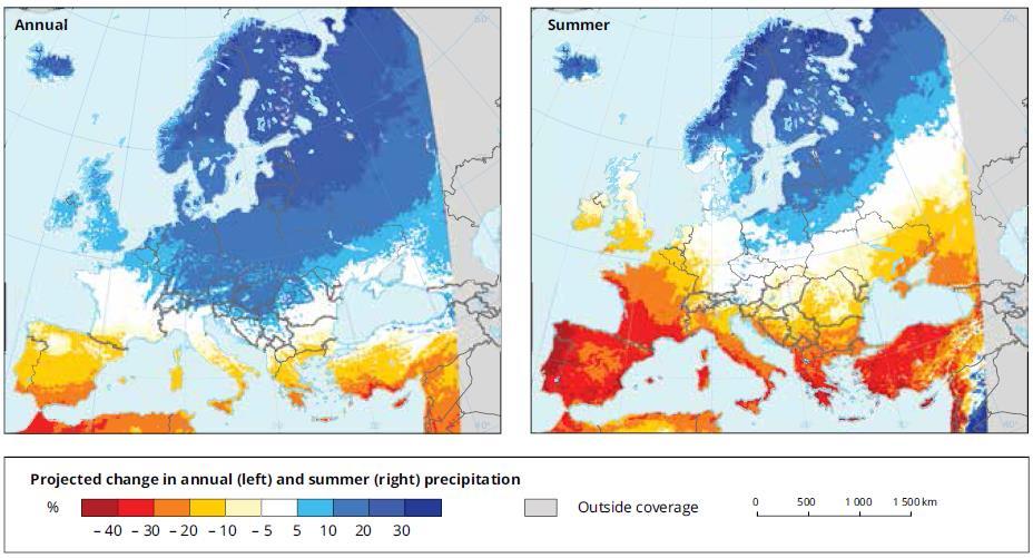 Stima dei cambiamenti delle precipitazioni annuali ed estive Diminuzione dell'acqua disponibile per le piante non-irrigate Periodo