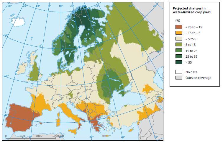 Stima dei cambiamenti della resa Diminuzione delle rese per le piante non irrigate 2050 Stima dei cambiamenti