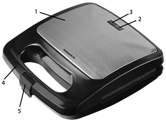 DESCRIZIONE 1. Corpo apparecchio 2. Spia luminosa verde: pronto all uso 3. Spia luminosa rossa di apparecchio acceso 4. Impugnatura 5. Gancio di chiusura 6.