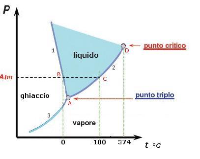 l diagramma di stato dell'acqua tiene conto del variare della pressione e della temperatura Il punto triplo è un punto localizzato a circa 4,5 mm Hg (3,06x10-3 atm) con 0,01 C (273 K) ed è l'intorno