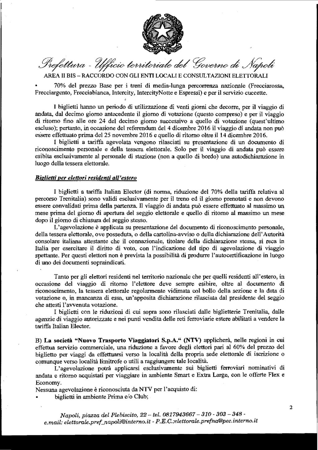 g~f"acv- ~~u C ~~ JY'~ AREA II BIS- RACCORDO CON GLI ENTI LOCALI E CONSULTAZIONI ELETTORALI 70% del prezzo Base per i treni di media-lunga percorrenza nazionale (Frecciarossa, Frecciargento,