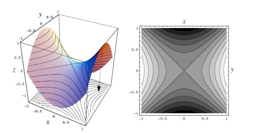 Aggiungendo ulteriori curve di livello e riportando tutto sul piano x y otteniamo Le zone chiare sono quelle a quota maggiore,