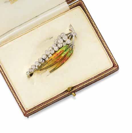 269 270 271 269 SPILLA IN DIAMANTI E SMALTO, GARRARD raffigurante un glicine con foglie in oro giallo con smalto pliqueà-jour e infiorescenza in platino e diamanti di ct 3,00 ca.