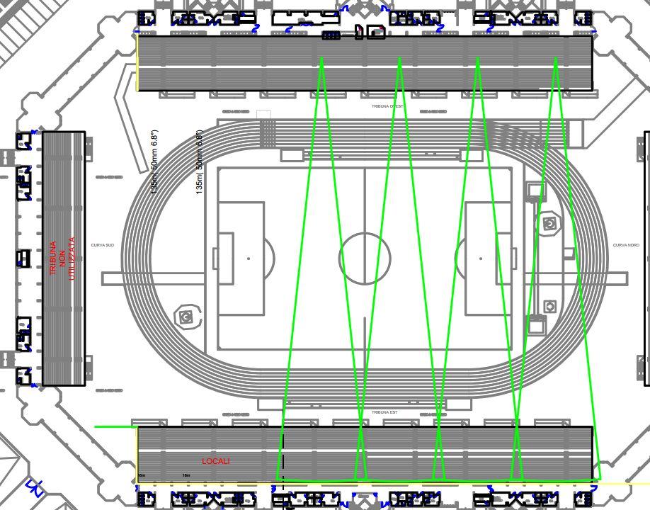 Tribuna est Ciascuna telecamera (Tipo Avigilon 30L-H4PRO-B) deve avere un rettangolo di ripresa di 32x21 m (WxH) con una risoluzione di 230PPM nel punto piú distante (260PPM nella parte iniziale
