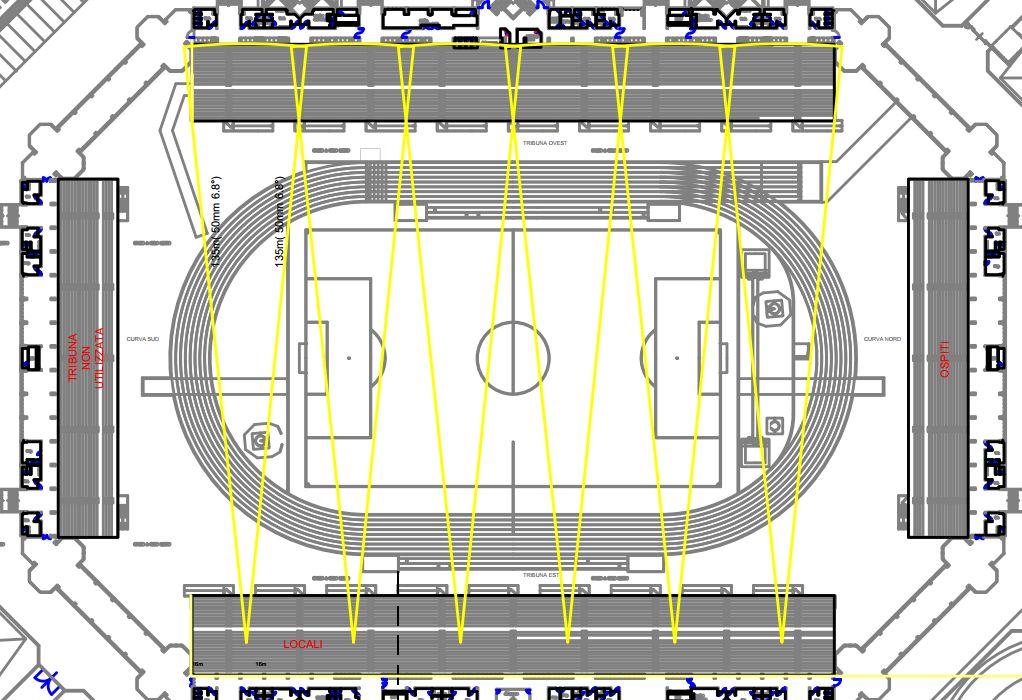 Tribuna ovest (distinti) Ciascuna telecamera (Tipo Avigilon 30L-H4PRO-B) deve avere un rettangolo di ripresa di 30.