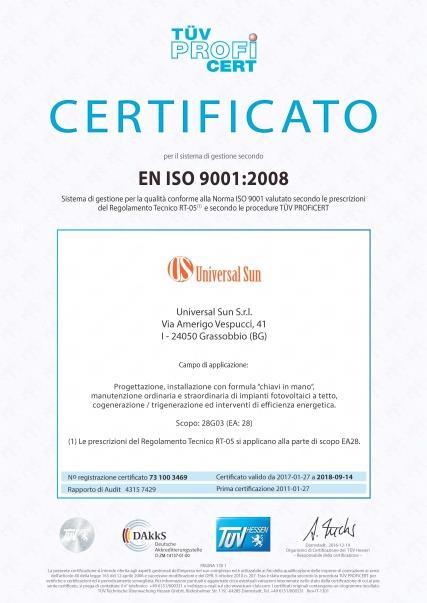 Universal Sun è una società certificata ISO 9001:2015 e UNI CEI 11352, accreditata come Energy Service Company (ESCo), che realizza Interventi di efficienza energetica e