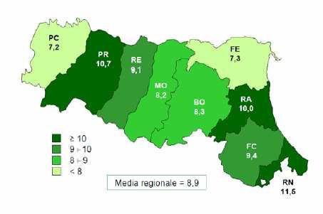 FIGURA 11 - INCIDENZA MEDIA DELLE NUOVE DIAGNOSI DI INFEZIONE DA HIV, PER PROVINCIA DI RESIDENZA. EMILIA ROMAGNA, 2006-2011 (PER 100.