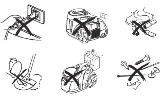- Non far scorrere l'apparecchio sopra il cavo di alimentazione. - Non aspirare fiammiferi, mozziconi di sigarette o cenere ancora caldi.