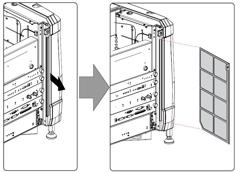 Pagina 9 di 16 Ver.: 00 Rimozione e pulizia del filtro frontale 1. Rimuovere il pannello d ingresso 2. Far sfilare verso l esterno il filtro Pulizia filtro 1.