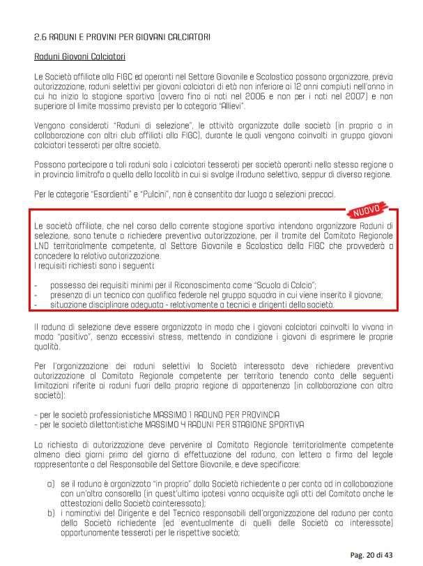 152/03 5.4 RADUNI E PROVINI PER GIOVANI CALCIATORI Con riferimento a quanto riportato nel precedente punto 4.1, C.U. n 1 del Settore Giovanile e Scolastico, si ritiene opportuno riportare integralmente quanto previsto per i raduni e per i provini dei giovani calciatori.