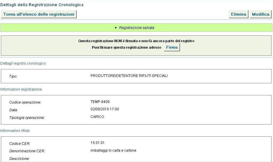 Sezione Registro cronologico Procedura di carico del rifiuto