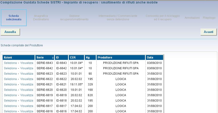 Sezione Area movimentazione Destinatario