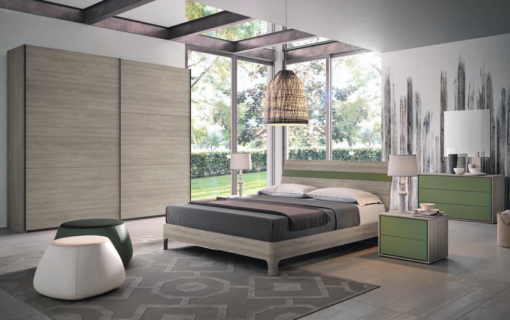 VISION M120 GRUPPO MOD. VISION_ ROVERE CENERE, FRONTALI LACCATO OPACO VERDE CANNE LETTO MOD.