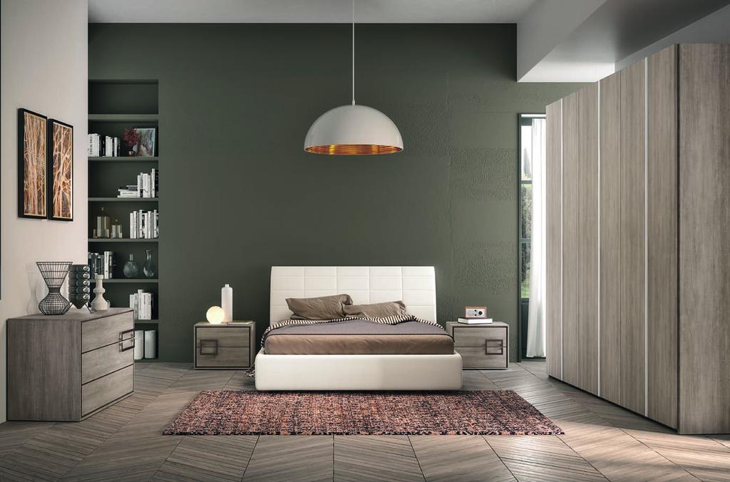 QUAZAR M121 GRUPPO MOD. QUAZAR_ ROVERE CENERE LETTO MOD. RETTANGOLI_ IN PELLE LUX RIGENERATA COL.