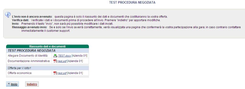 In caso di errori basta tornare INDIETRO: Inviata l offerta la piattaforma visualizza un messaggio di