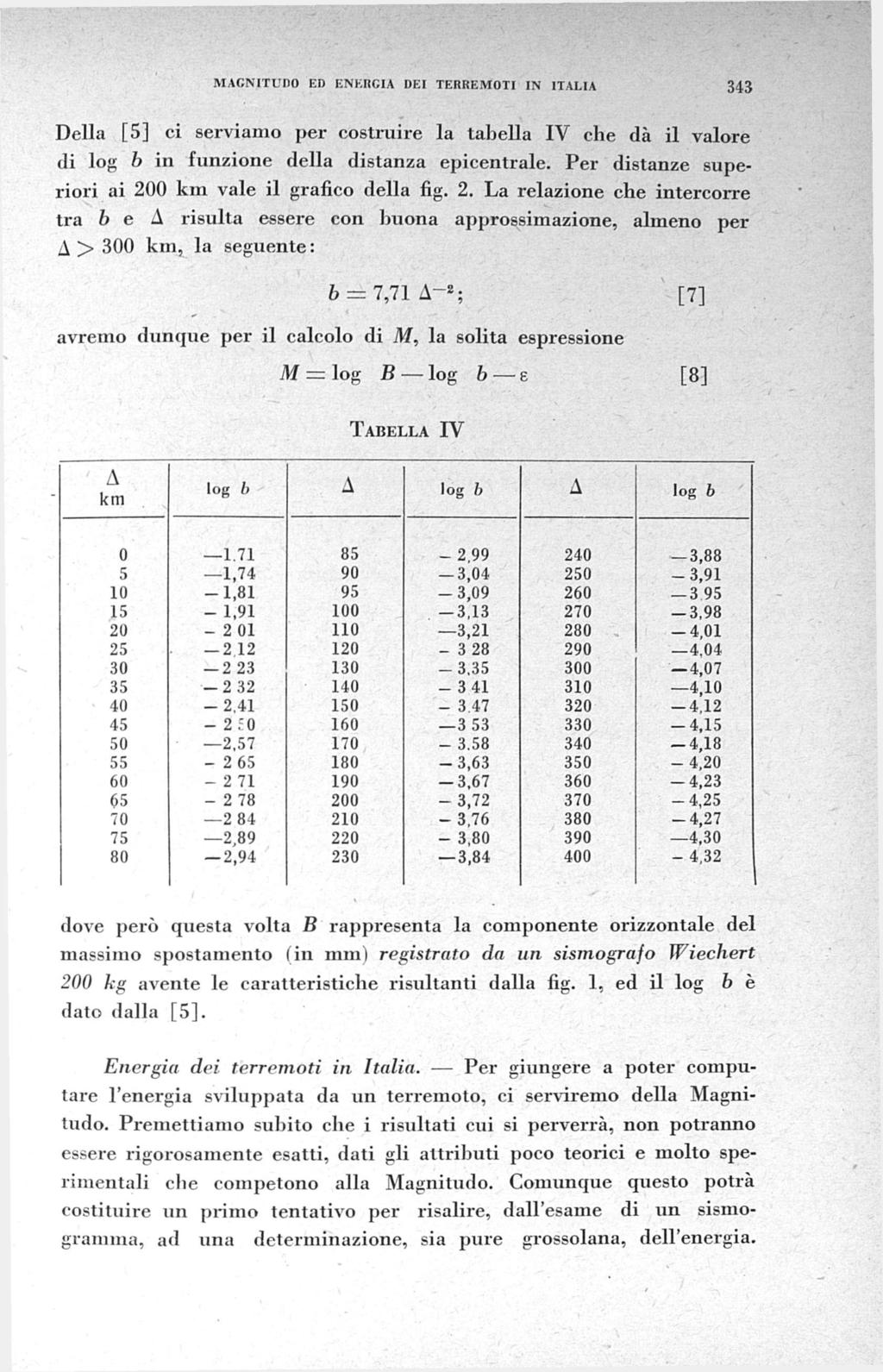 MAGNITUDO ED ENERGIA DEI TERREMOTI IN ITALIA 343 Della [5] ci serviamo per costruire la tabella IV che dà il valore di log b in funzione della distanza epicentrale.