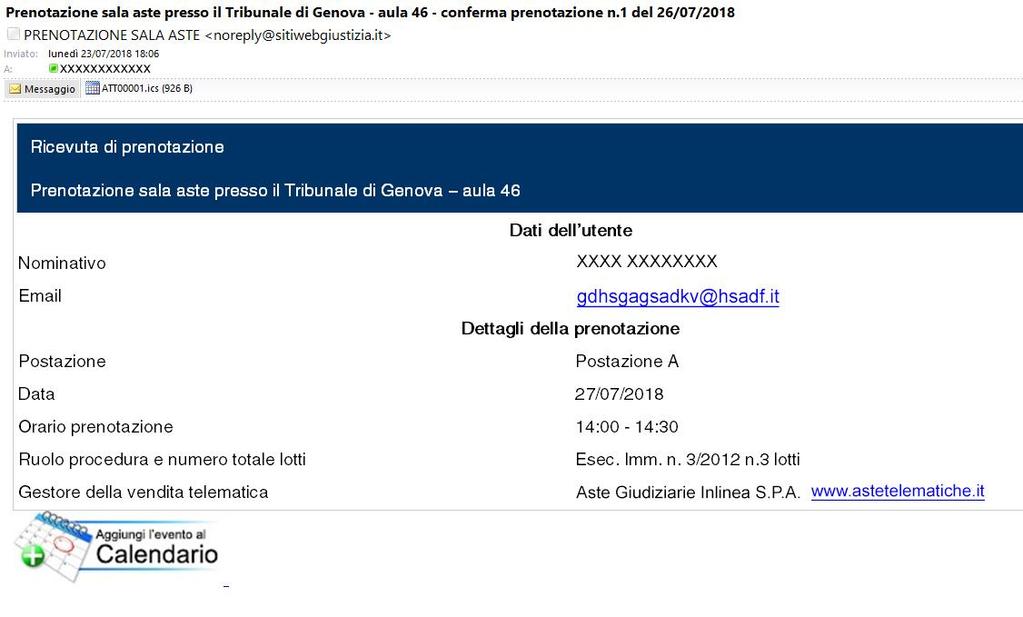 Contemporaneamente il sistema invia una e-mail all