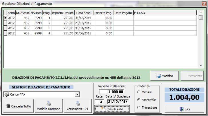 Ogni tributo dispone ora di una nuova funzione per il calcolo della rateizzazione, e pur mantenendo la compatibilità con la vecchia modalità di rateizzazione a bollettini, invitiamo da ora in avanti