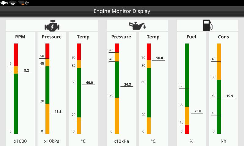 Figura 4.6 - Esempio di pagina motore NOTA: il valore della capacità carburante del serbatoio deve essere impostato nel profilo dell imbarcazione (Par. 6.6.); assicurarsi di impostare il valore corretto.