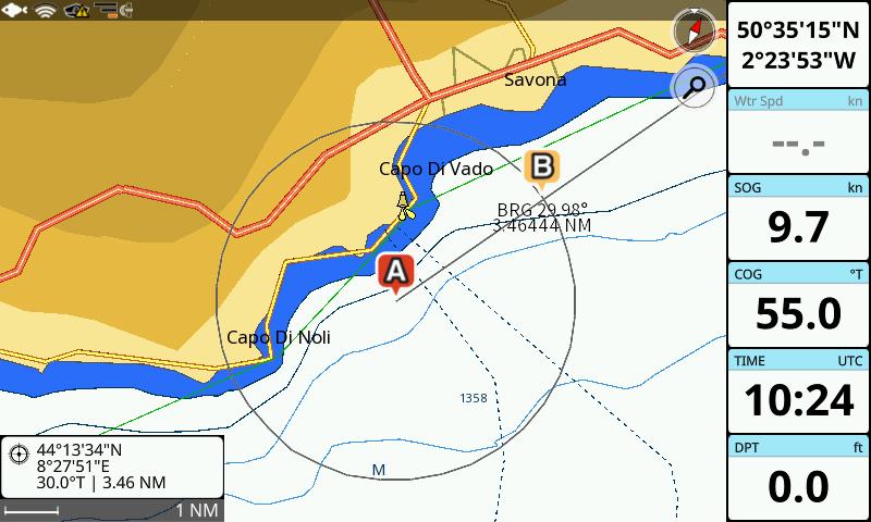 9. Funzione A-B La funzione A-B consente di misurare la distanza e direzione tra due punti sulla mappa. È possibile accedere alla funzione A-B dal menu contestuale: 1. Aprire la pagina Mappa; 2.