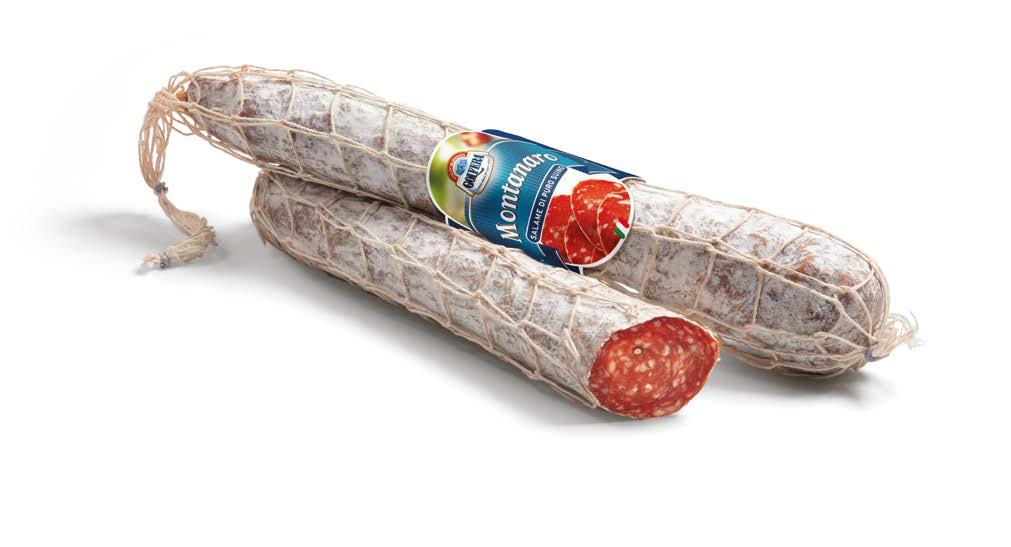 Montanaro Salame di puro suino Salame di alta qualità, ottenuto con tagli magri di carne fresca di suino italiano, sapientemente aromatizzato e insaccato in budello naturale Conosciuto per il suo