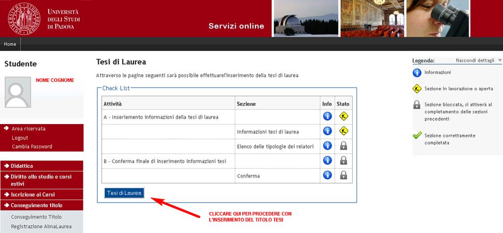 PROCESSO DI INSERIMENTO TITOLO TESI Dopo aver