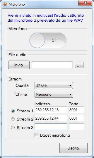 3.4. Uso del microfono Dal menu scegliere la voce Microfono : Questa opzione ha una duplice funzione: 1) permette di inviare sulla rete LAN, in un canale Multicast programmato, l audio catturato