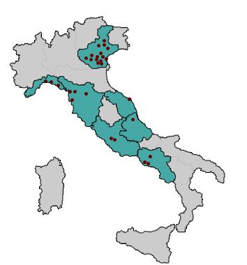 % popolazione ARNO su totale della regione rappresentata (fonte ISTAT) Regione Oggi Aree geografiche: Veneto, Liguria, Toscana, Marche, Abruzzo, Lazio, Campania. Totale popolazione: 9.993.