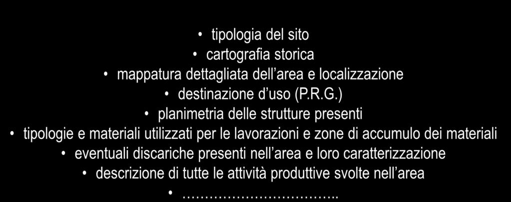 L indagine ambientale Raccolta e sistemazione dati esistenti tipologia del sito cartografia storica mappatura dettagliata dell area e localizzazione destinazione d uso (P.R.G.