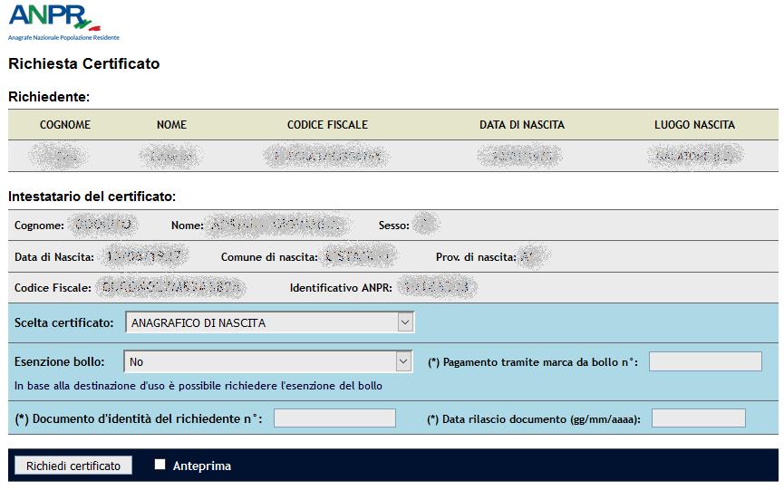 Richiesta certificato online con marca da bollo Se il certificato da richiedere è in bollo, al momento di effettuare la richiesta online è necessario avere una marca da bollo valida da 16,00.